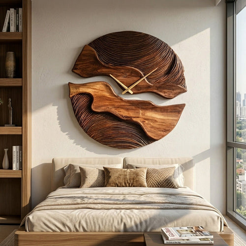 Organic Wooden Wall Clock With Unique Form For Living Room