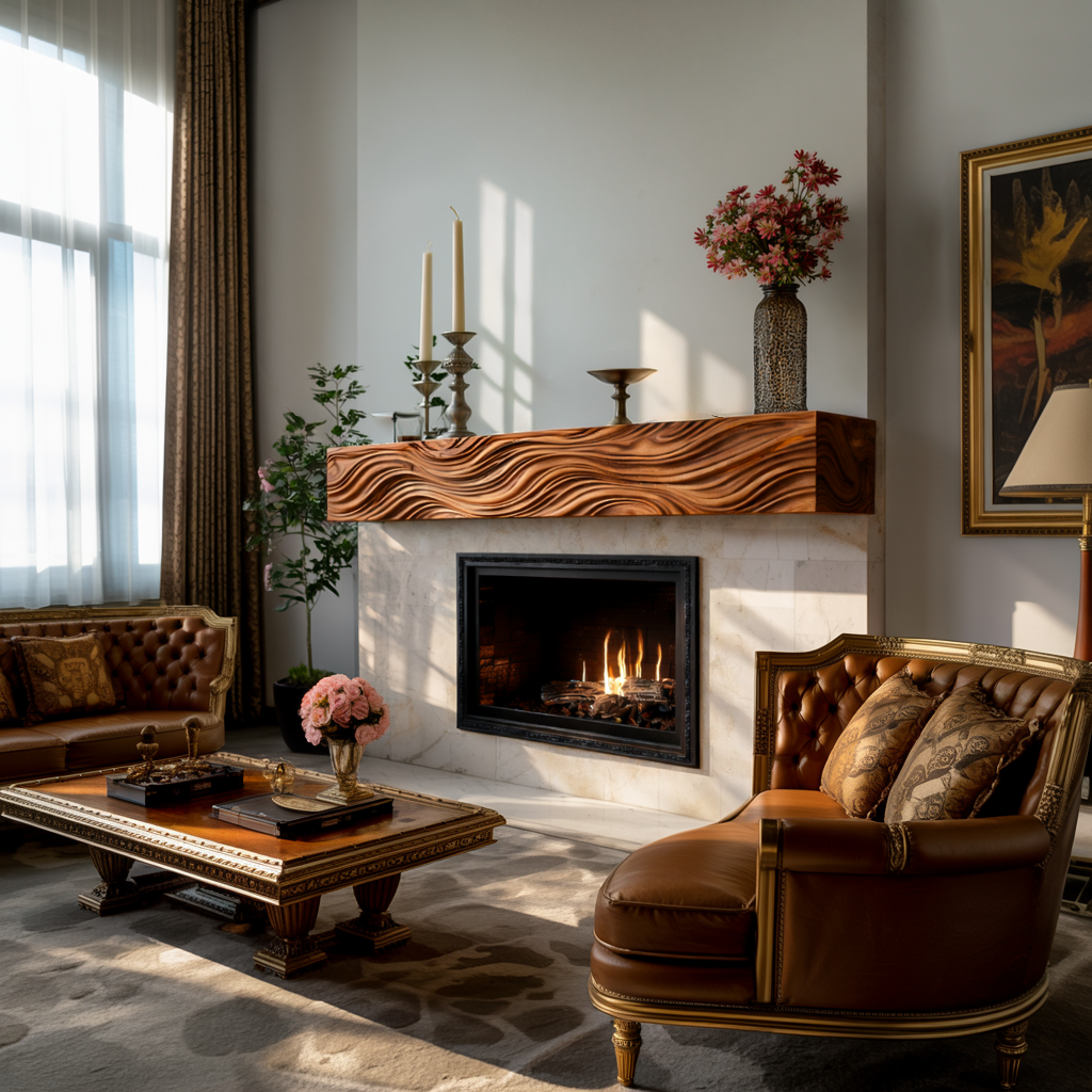 Wooden Fireplace Mantel With Wave Carved For Modern Home Decor