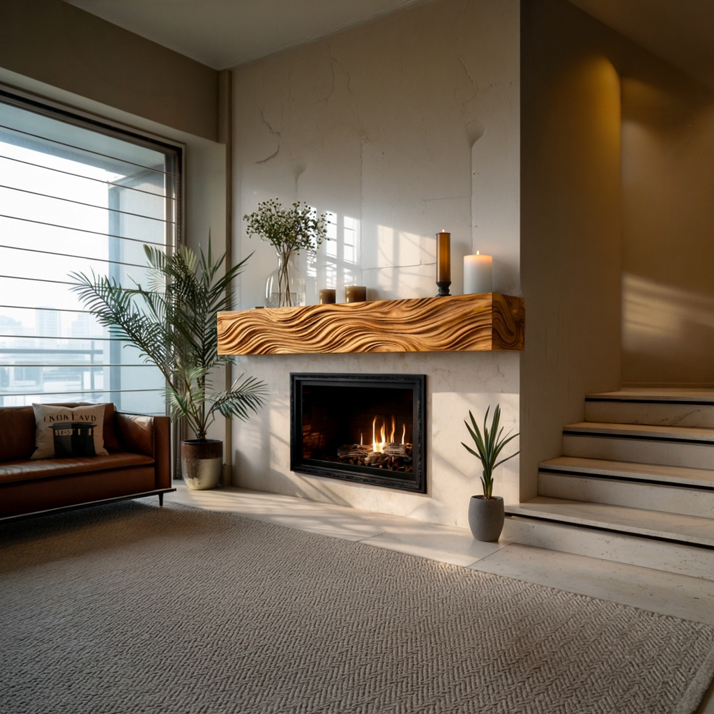 Wooden Fireplace Mantel With Wave Carved For Modern Home Decor