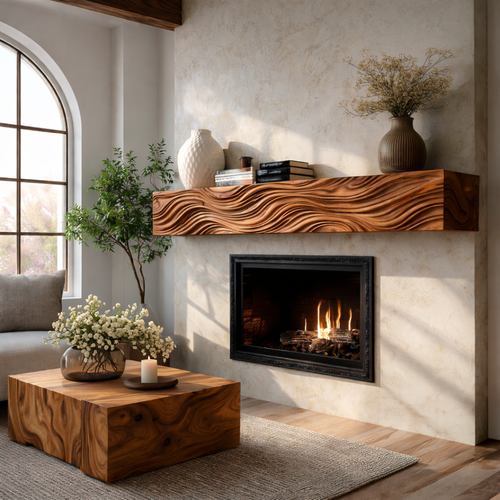 Wooden Fireplace Mantel With Wave Carved For Modern Home Decor