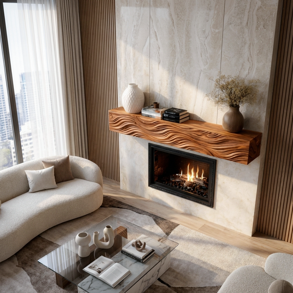 Wooden Fireplace Mantel With Wave Carved For Modern Home Decor